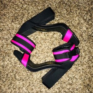 Neon pink buckle strap heels